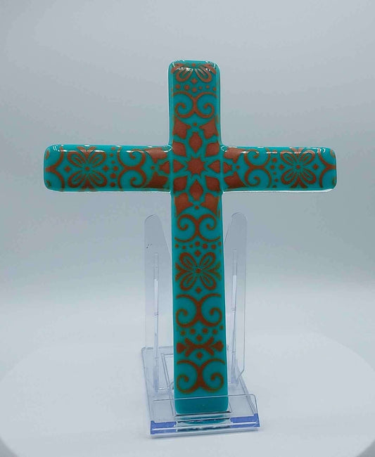 8" turquoise cross with copper filagree