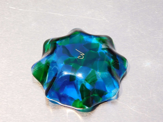 Blue green glass trinket dish bottom view