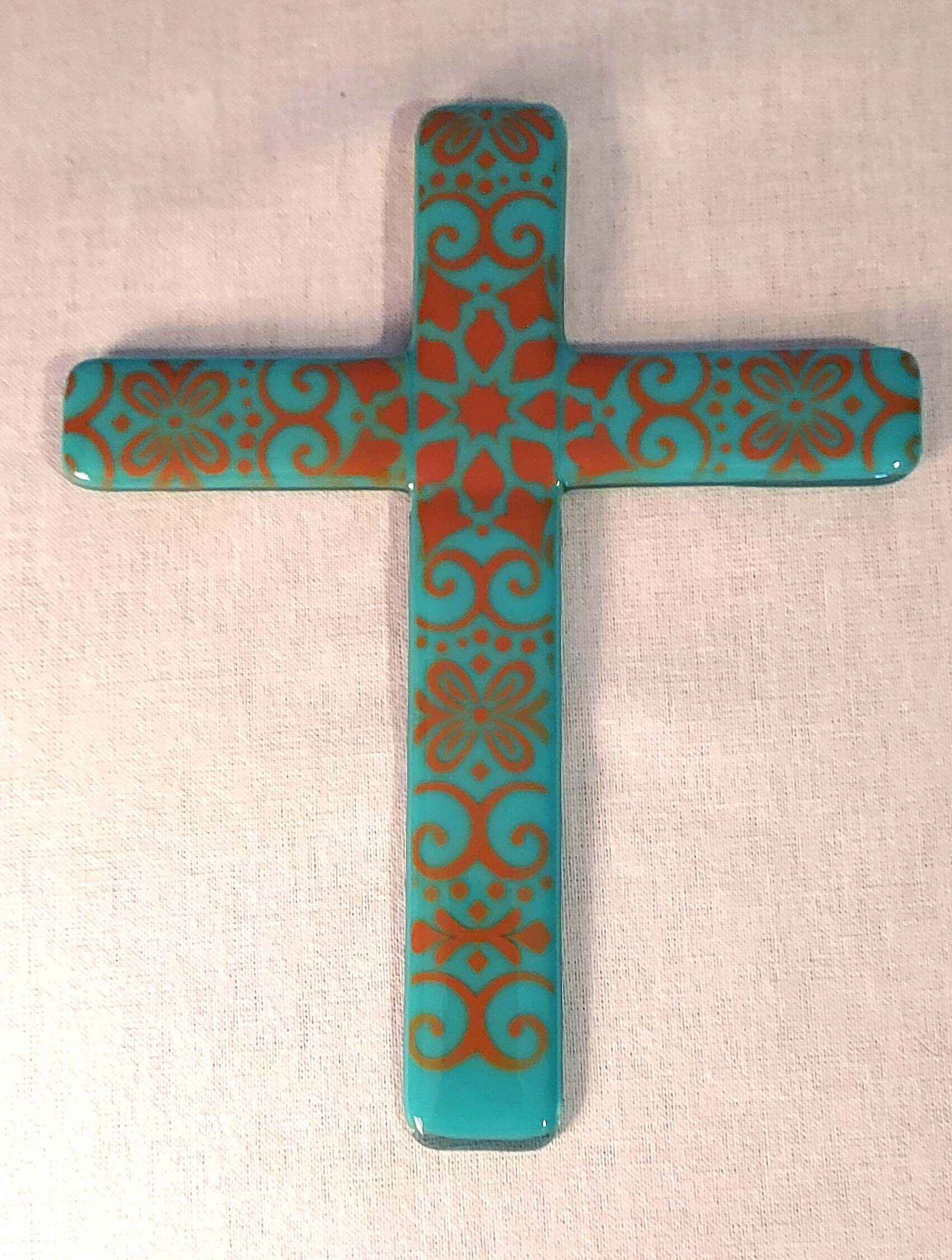 8"  turquoise cross with copper filagree
