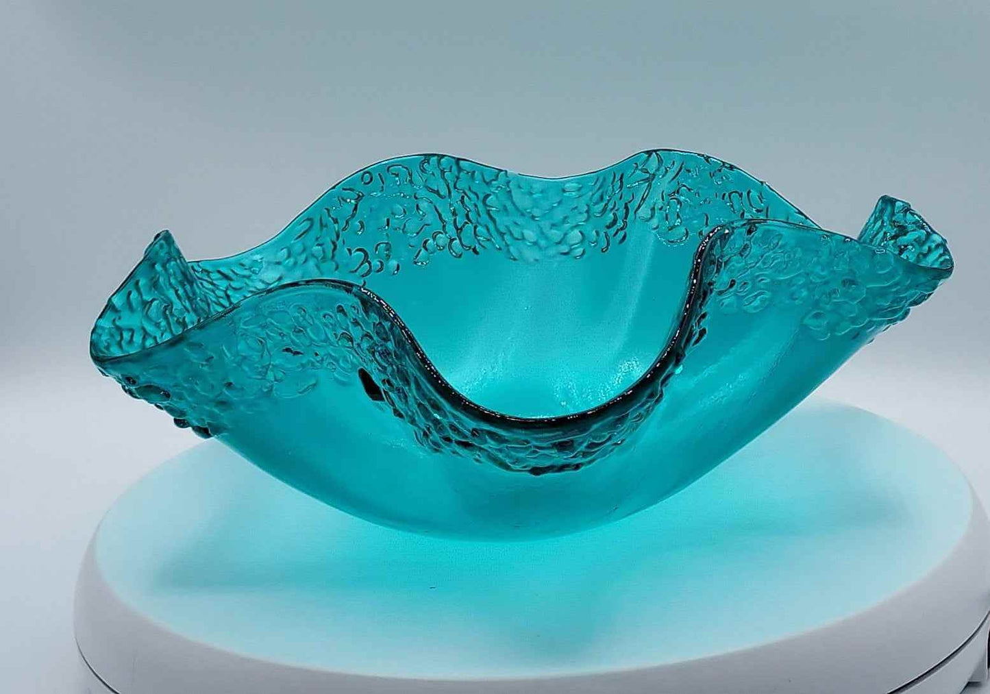 Fused Glass Bowl crafted with Caribbean blue glass with a ruffled edge