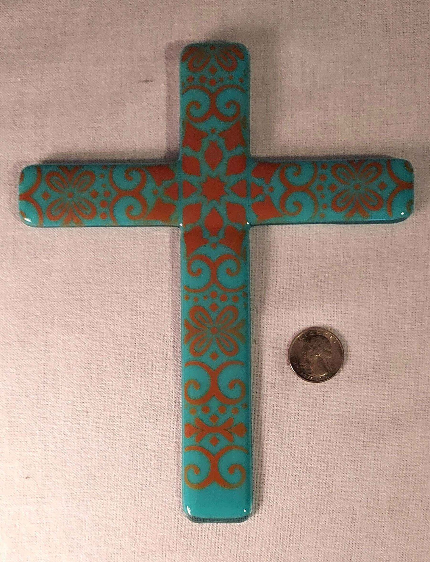 8"  turquoise cross with copper filagree
