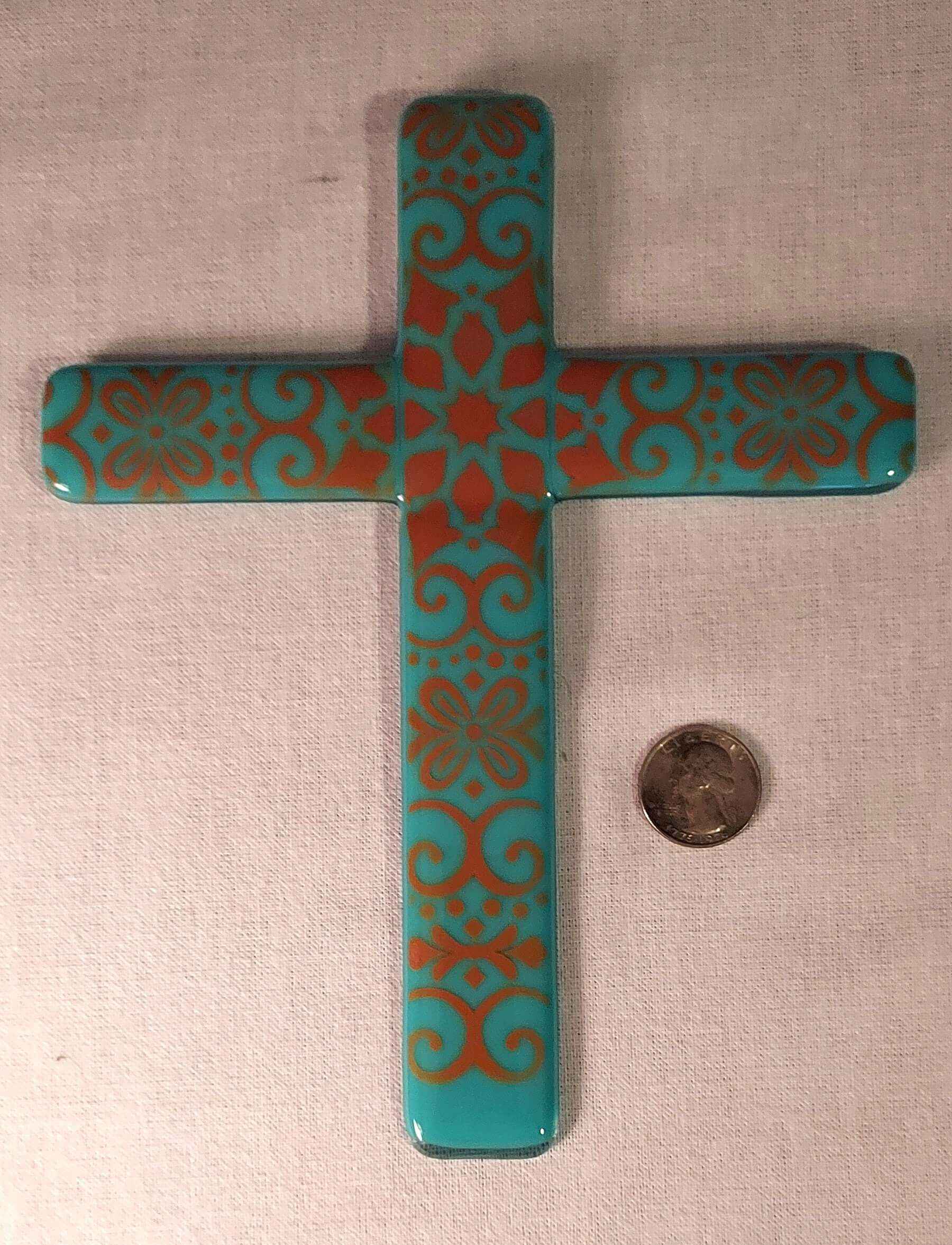8"  turquoise cross with copper filagree