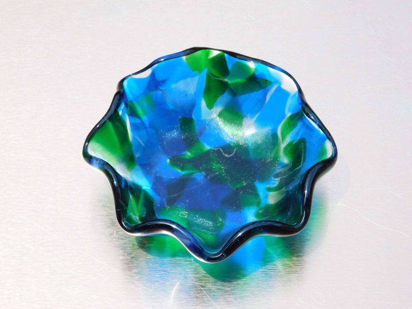 4" blue green glass dish