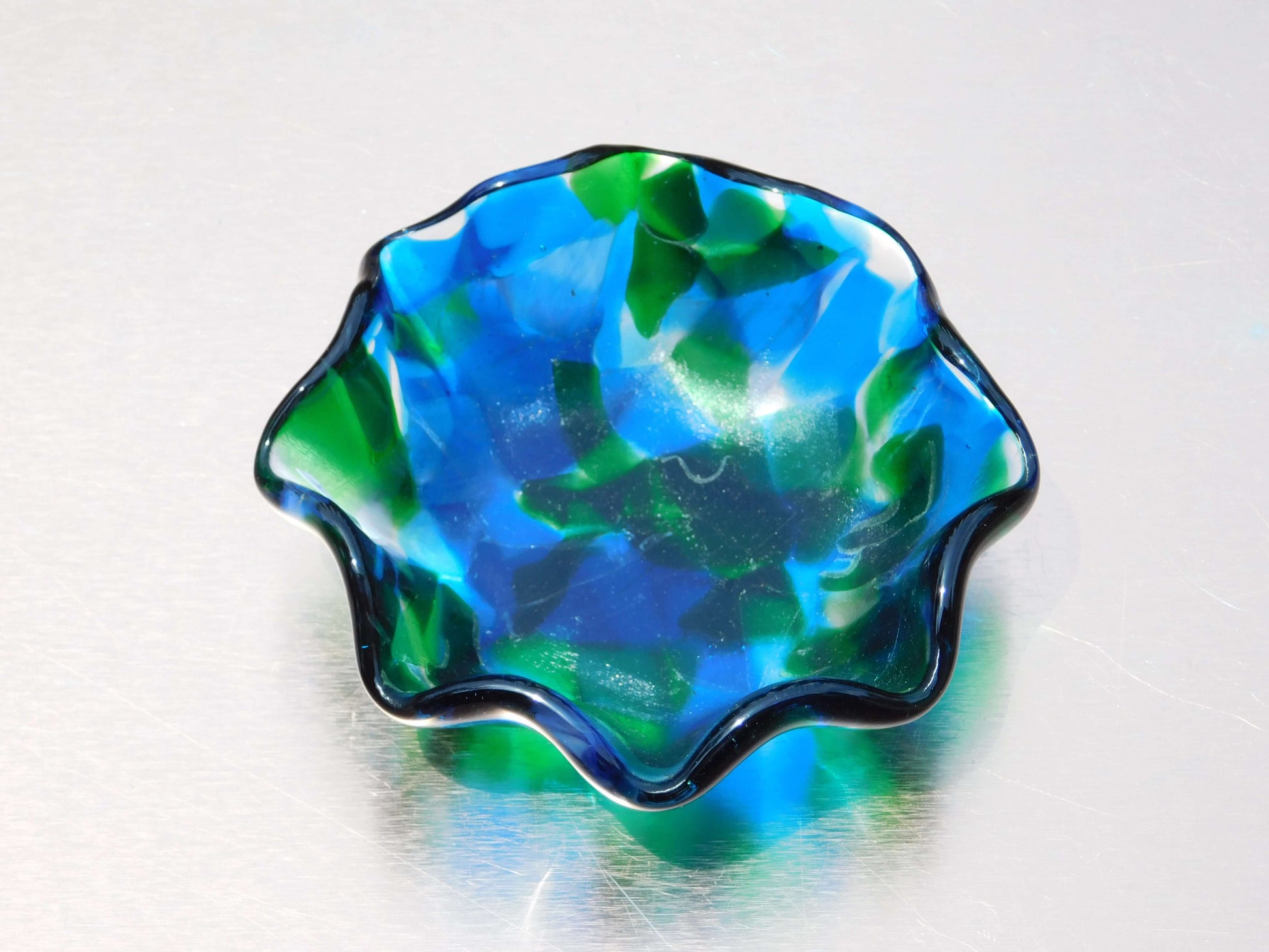 4" blue green glass dish